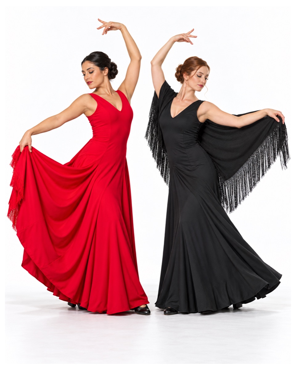 Dos bailaoras con vestidos de flamenco de Isance, uno rojo y otro negro con flecos