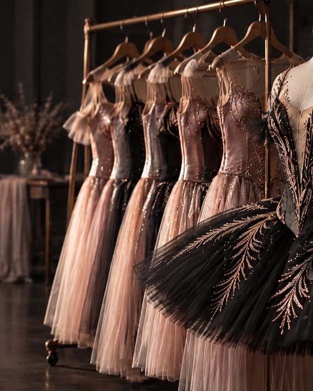 Percheros con vestidos y tutús de Isance en el taller