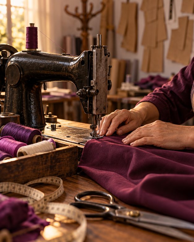 Manos de una costurera cosiendo tela ciruela en una máquina antigua
