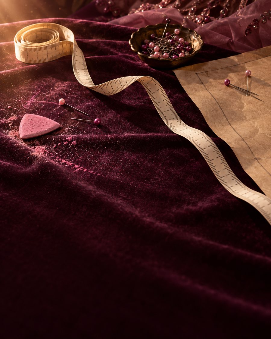 Cinta métrica, alfileres y tiza de sastre sobre terciopelo ciruela