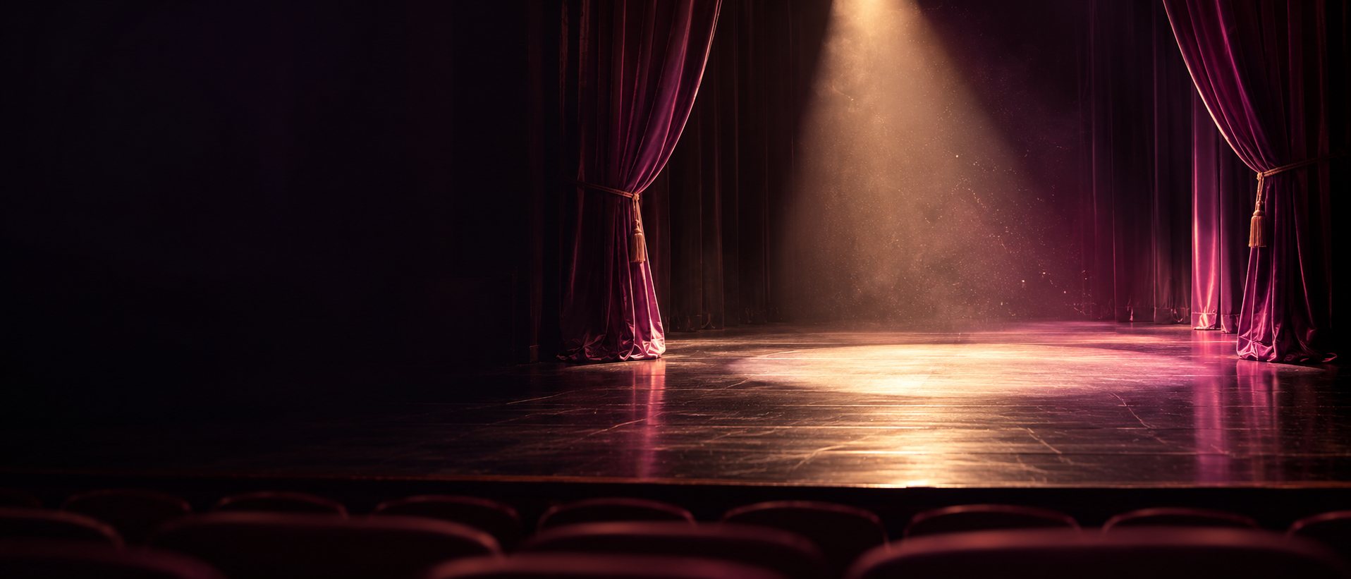 Escenario de teatro vacío con el telón recogido y un foco de luz cálida sobre el suelo